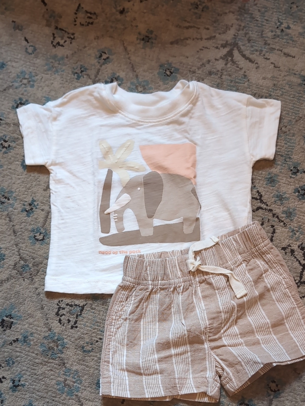 Kids White Elephant Graphic Short Set - Beige Striped Shorts 0-3 Months